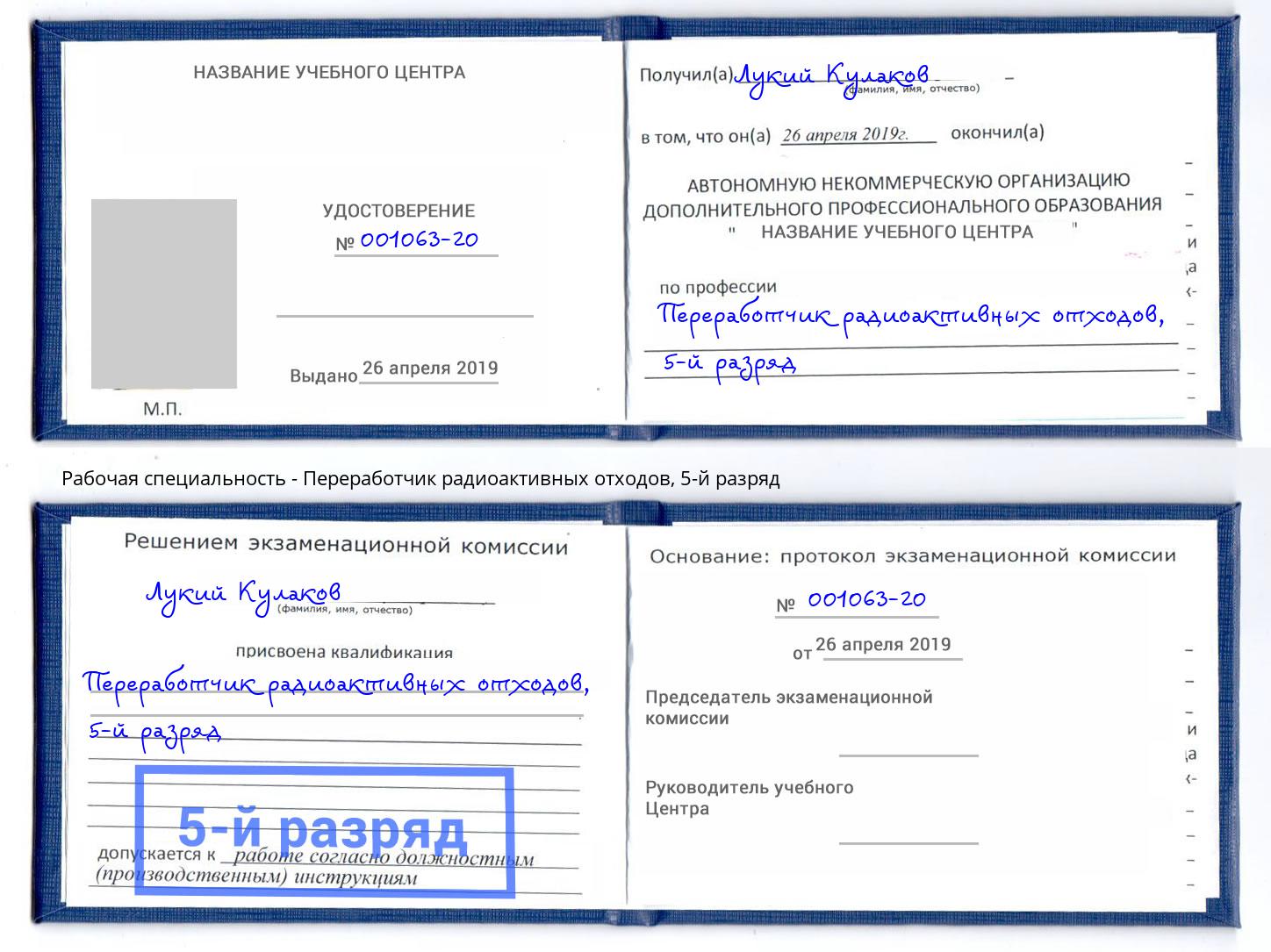 корочка 5-й разряд Переработчик радиоактивных отходов Истра