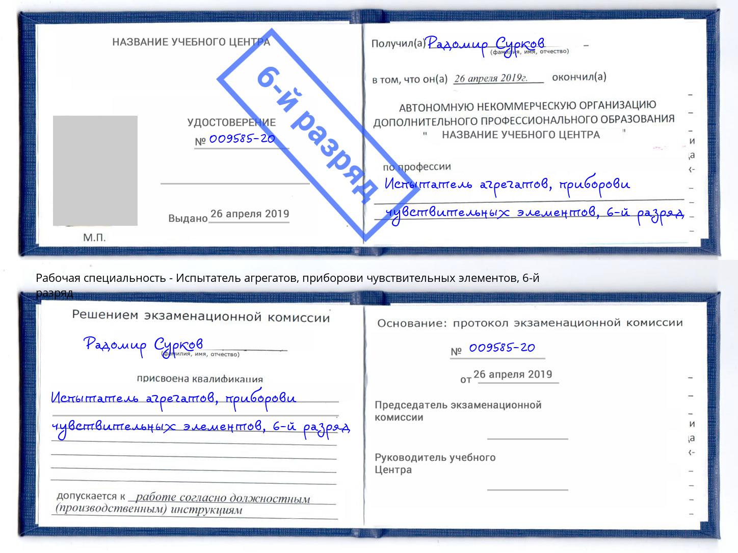 корочка 6-й разряд Испытатель агрегатов, приборови чувствительных элементов Истра