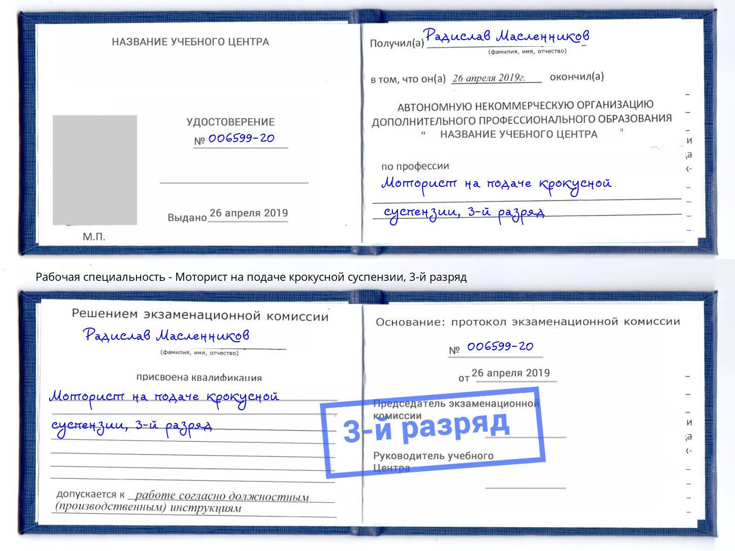 корочка 3-й разряд Моторист на подаче крокусной суспензии Истра