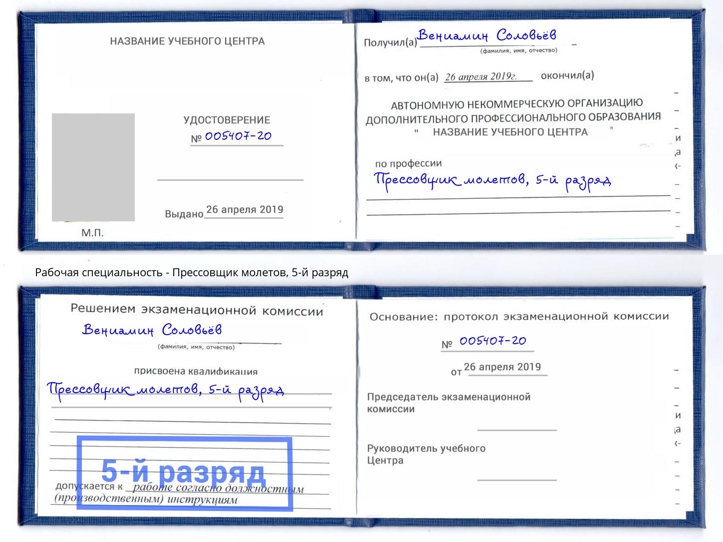 корочка 5-й разряд Прессовщик молетов Истра