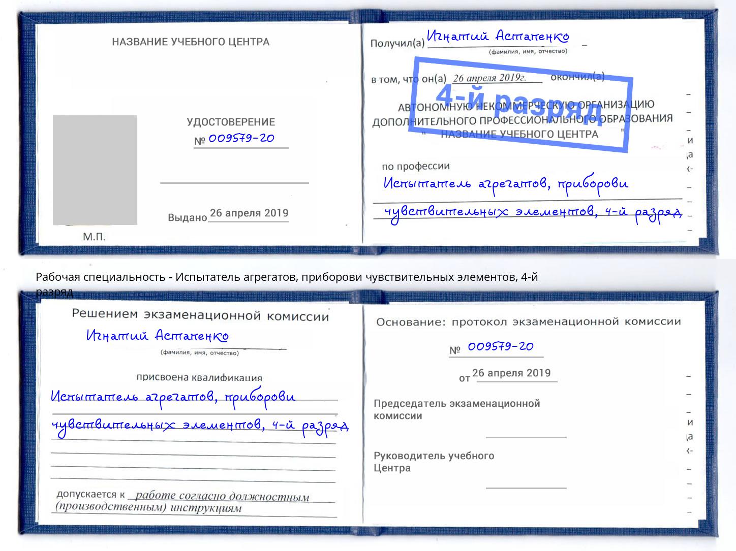 корочка 4-й разряд Испытатель агрегатов, приборови чувствительных элементов Истра