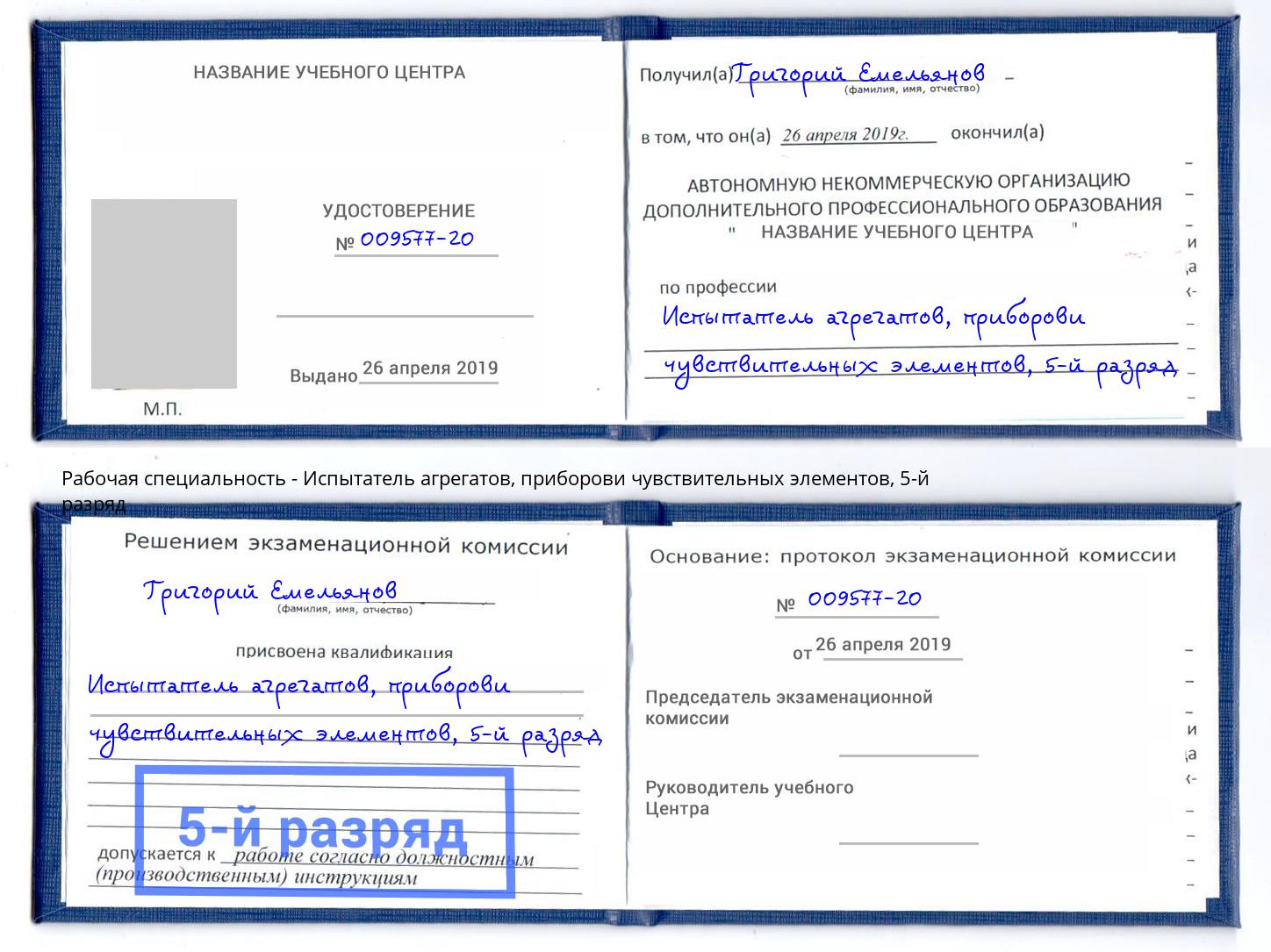 корочка 5-й разряд Испытатель агрегатов, приборови чувствительных элементов Истра