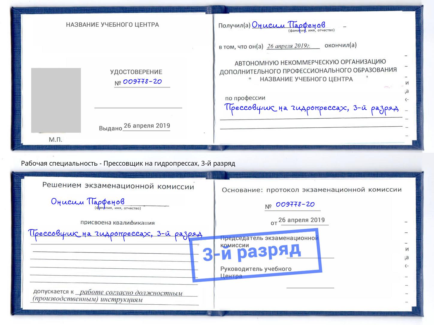 корочка 3-й разряд Прессовщик на гидропрессах Истра