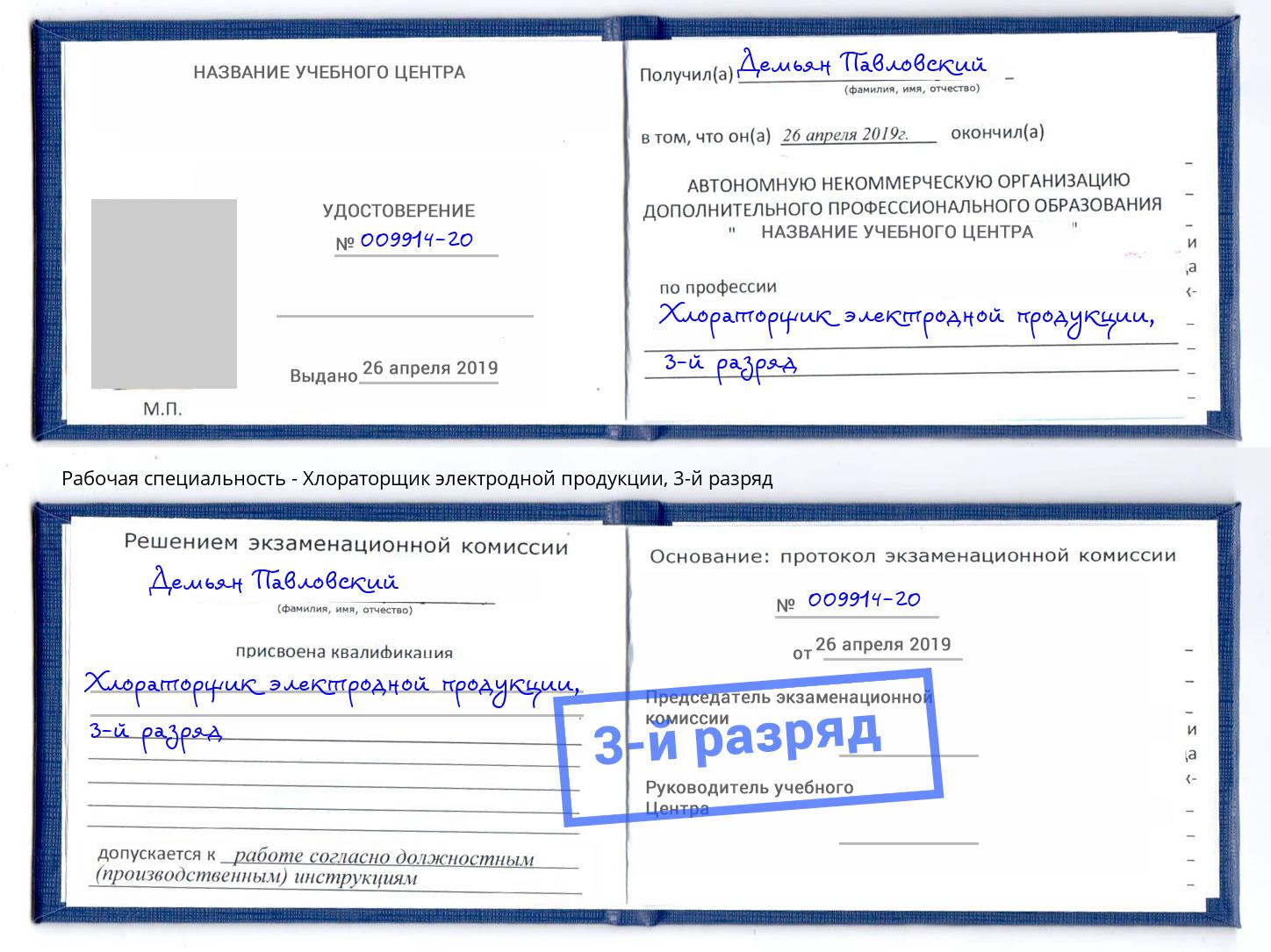 корочка 3-й разряд Хлораторщик электродной продукции Истра