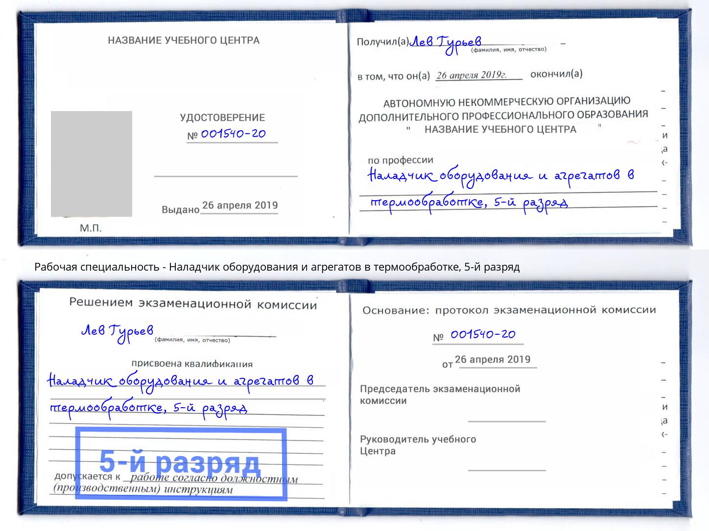 корочка 5-й разряд Наладчик оборудования и агрегатов в термообработке Истра