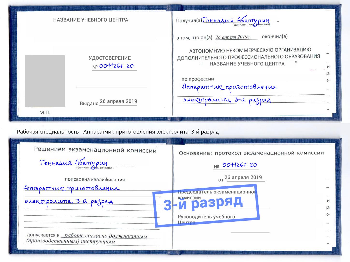 корочка 3-й разряд Аппаратчик приготовления электролита Истра