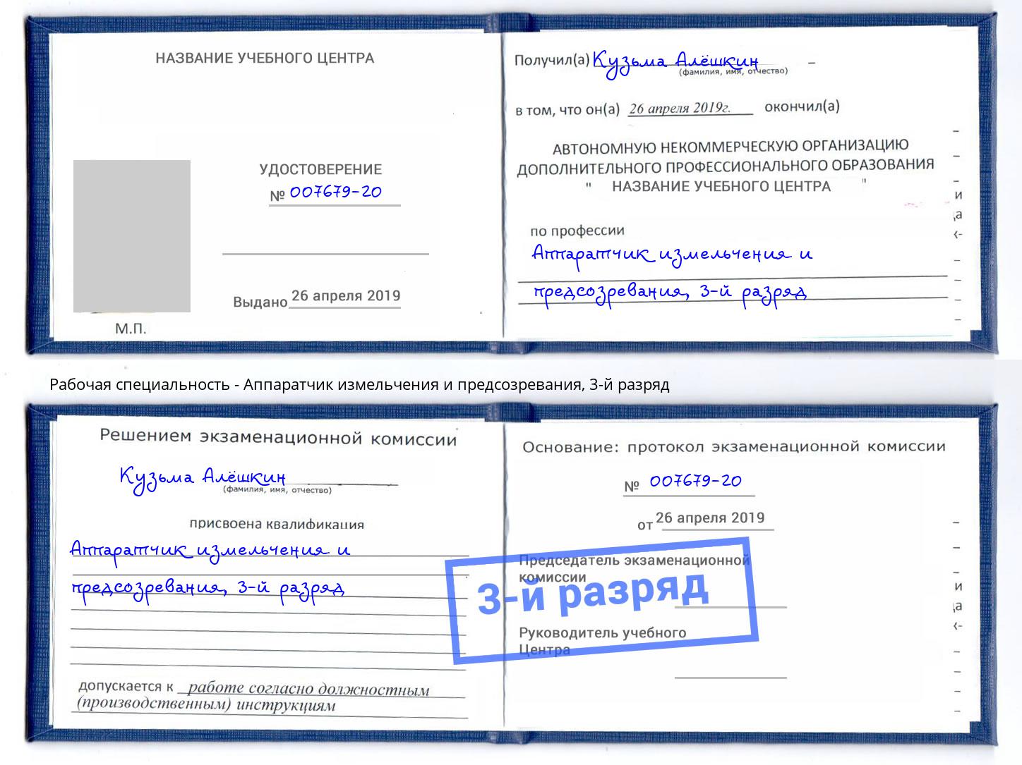 корочка 3-й разряд Аппаратчик измельчения и предсозревания Истра