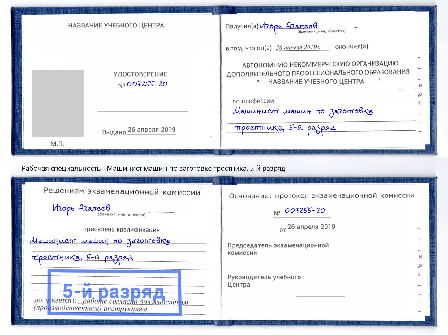 корочка 5-й разряд Машинист машин по заготовке тростника Истра