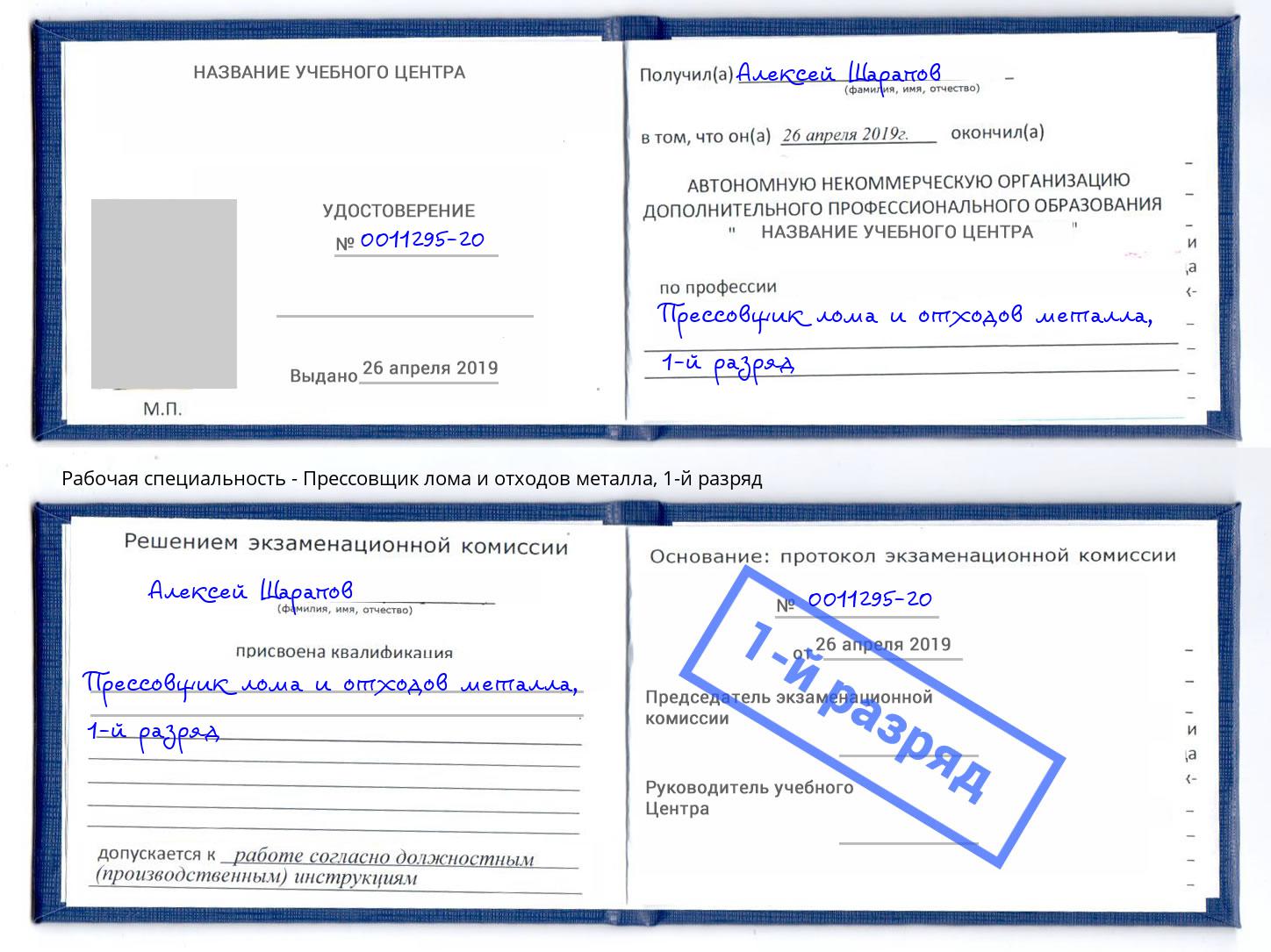 корочка 1-й разряд Прессовщик лома и отходов металла Истра