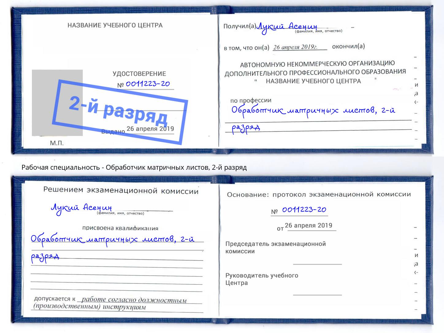 корочка 2-й разряд Обработчик матричных листов Истра