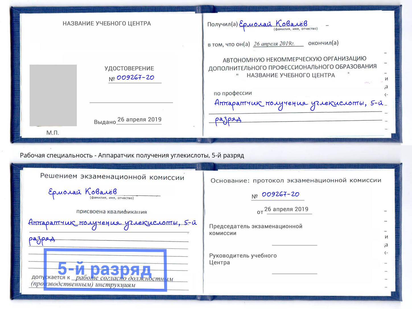 корочка 5-й разряд Аппаратчик получения углекислоты Истра