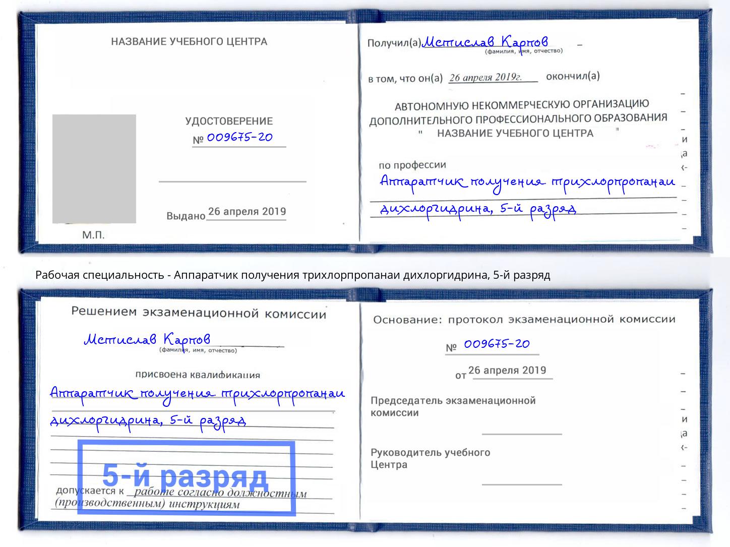 корочка 5-й разряд Аппаратчик получения трихлорпропанаи дихлоргидрина Истра
