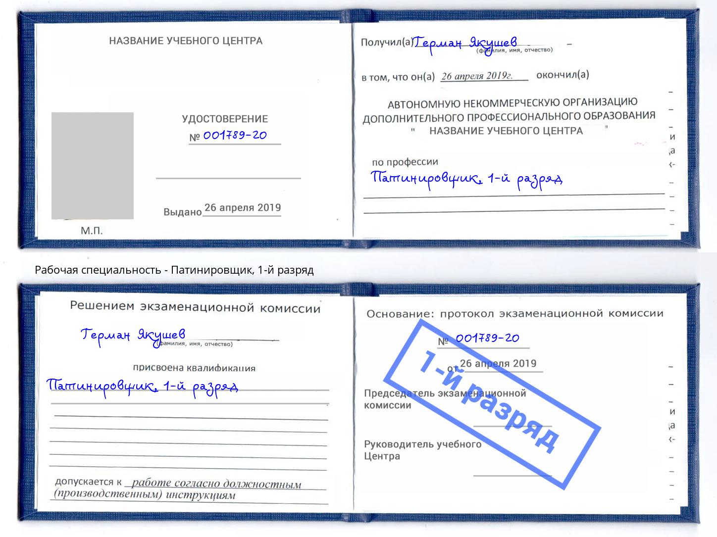 корочка 1-й разряд Патинировщик Истра