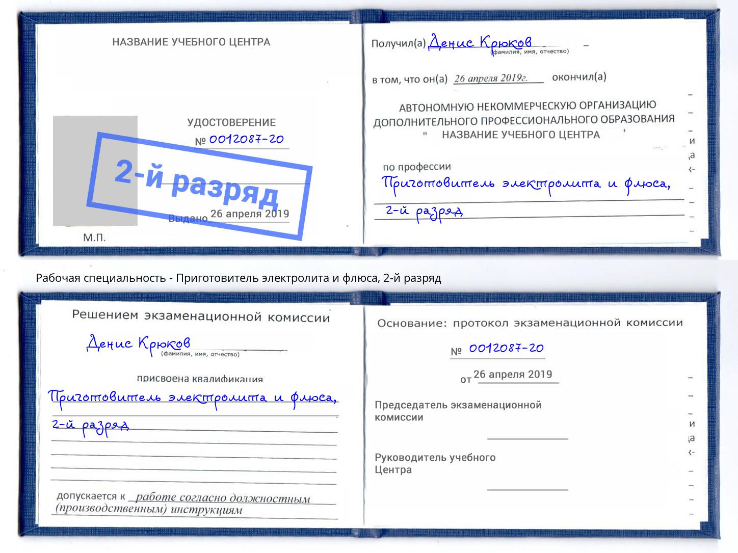 корочка 2-й разряд Приготовитель электролита и флюса Истра